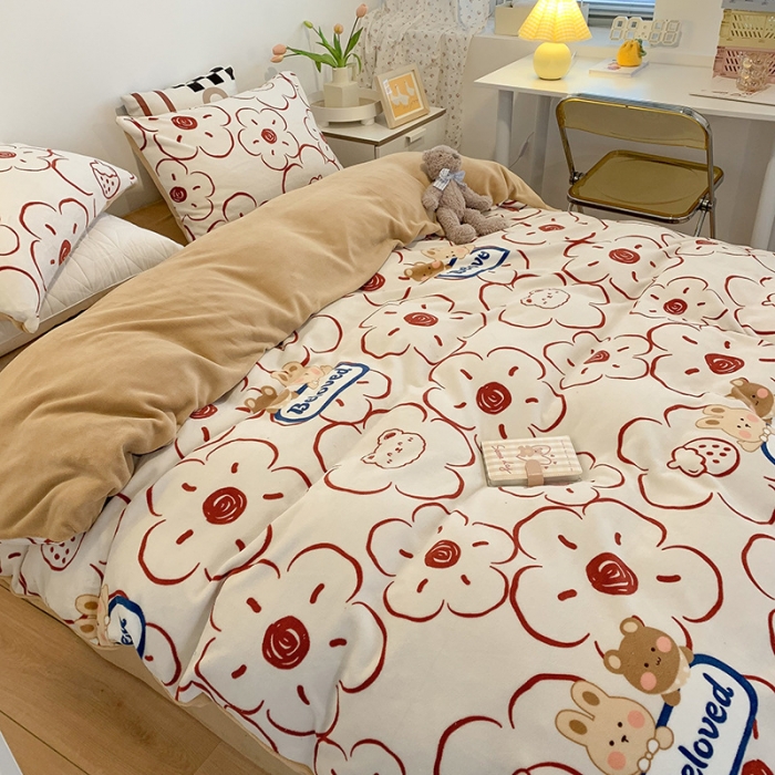 91家纺网 家纺一手货源 找家纺 澳萝拉2021高克重卡通清新牛奶绒四件套水晶法莱绒元气满满