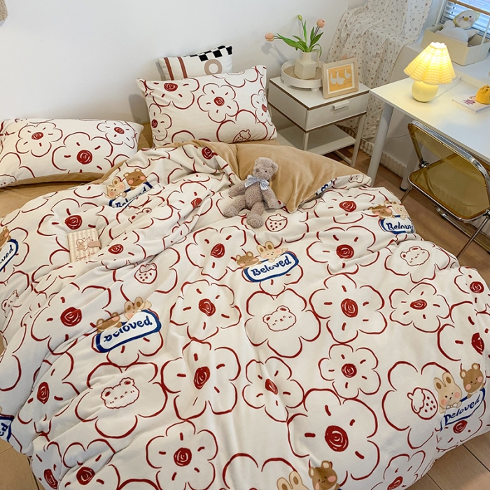 91家纺网 家纺一手货源 找家纺 澳萝拉2021高克重卡通清新牛奶绒四件套水晶法莱绒元气满满