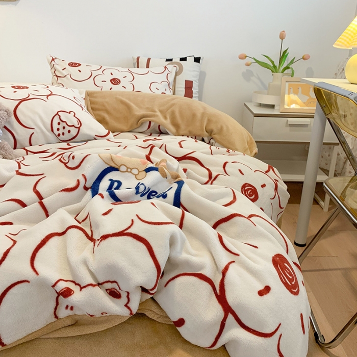 91家纺网 家纺一手货源 找家纺 澳萝拉2021高克重卡通清新牛奶绒四件套水晶法莱绒元气满满