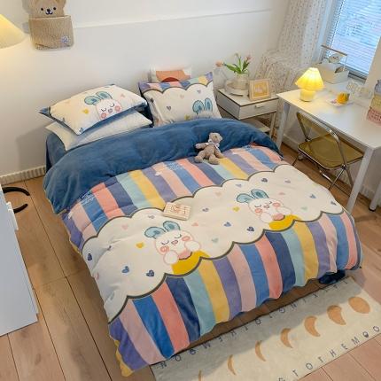 （总）澳萝拉2021高克重卡通清新牛奶绒四件套水晶法莱绒