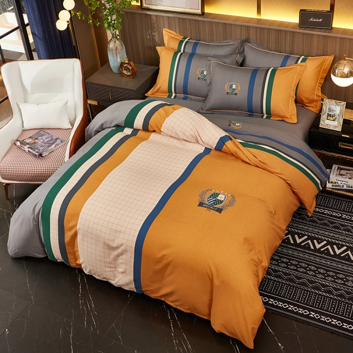 91家纺网 家纺一手货源 找家纺 雲归梦2021全棉大版生态磨毛四件套格条花型第1批 艾德蒙黄