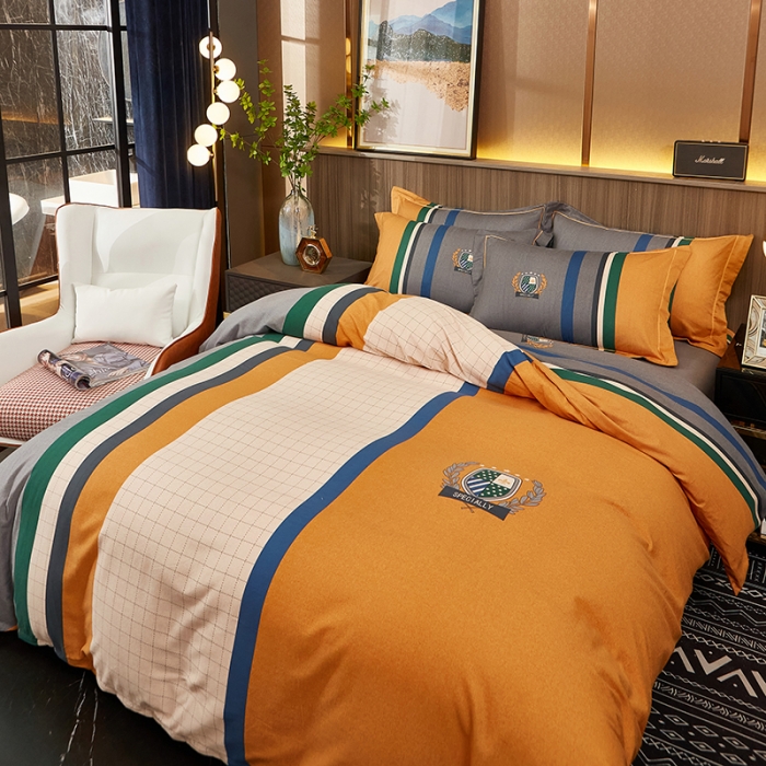 91家纺网 家纺一手货源 找家纺 雲归梦2021全棉大版生态磨毛四件套格条花型第1批 艾德蒙黄