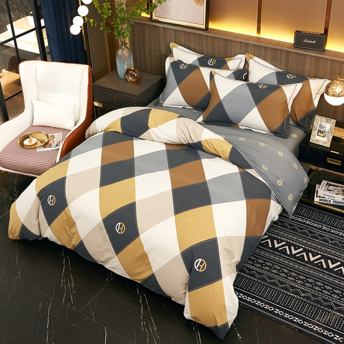 91家纺网 家纺一手货源 找家纺 雲归梦2021全棉大版生态磨毛四件套格条花型第1批 格丽咖