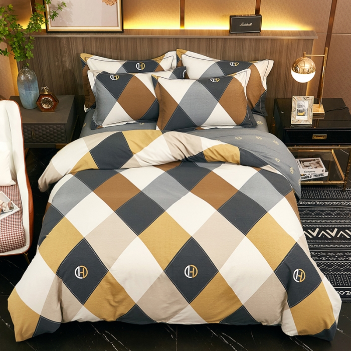 91家纺网 家纺一手货源 找家纺 雲归梦2021全棉大版生态磨毛四件套格条花型第1批 格丽咖