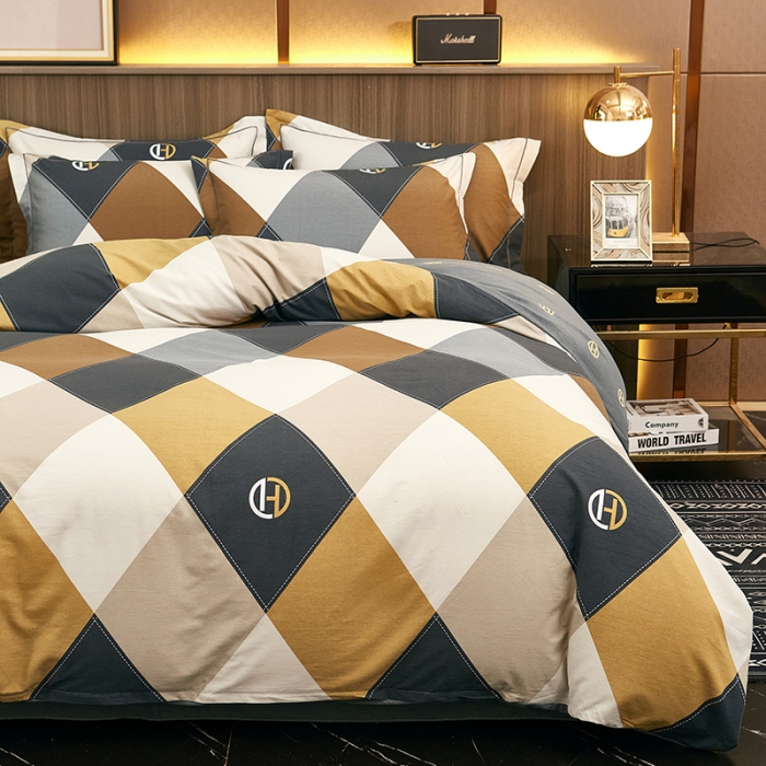 91家纺网 家纺一手货源 找家纺 雲归梦2021全棉大版生态磨毛四件套格条花型第1批 格丽咖