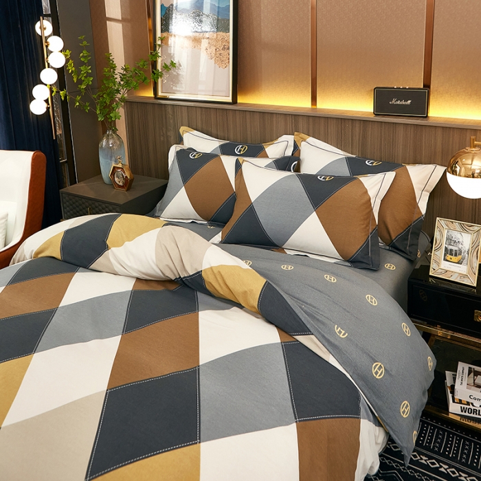 91家纺网 家纺一手货源 找家纺 雲归梦2021全棉大版生态磨毛四件套格条花型第1批 格丽咖