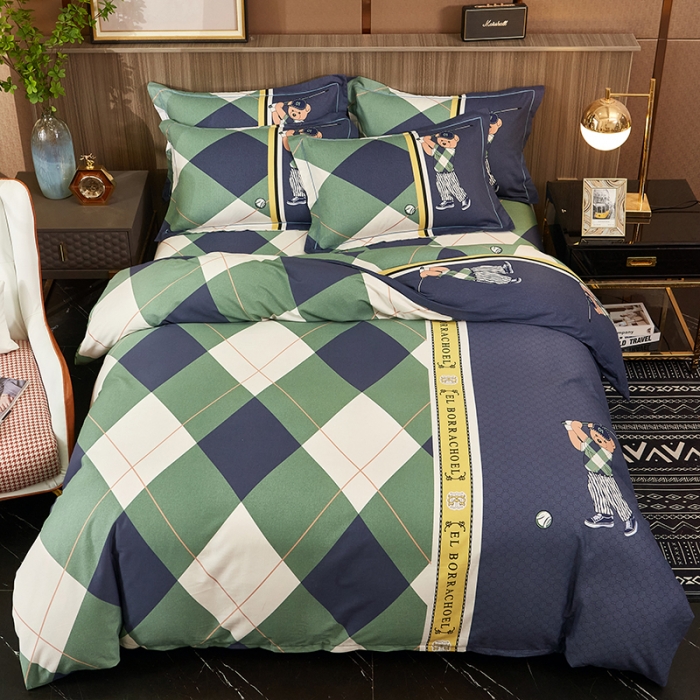 91家纺网 家纺一手货源 找家纺 雲归梦2021全棉大版生态磨毛四件套格条花型第1批 活力熊