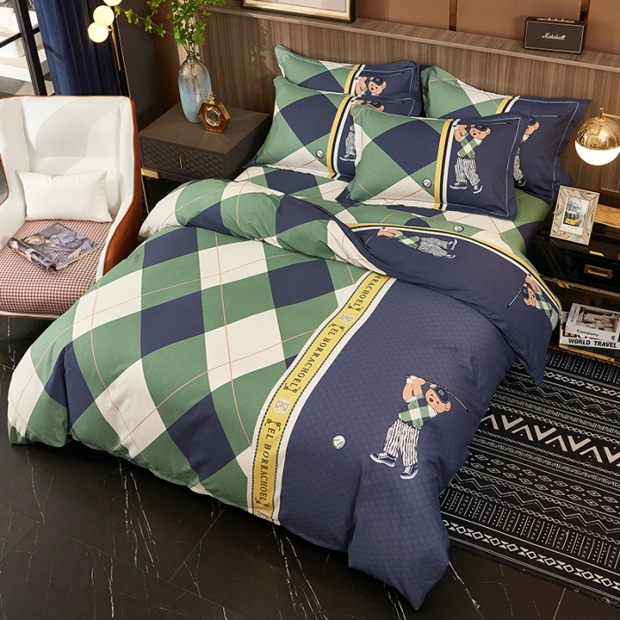 91家纺网 家纺一手货源 找家纺 雲归梦2021全棉大版生态磨毛四件套格条花型第1批 活力熊