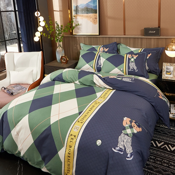 91家纺网 家纺一手货源 找家纺 雲归梦2021全棉大版生态磨毛四件套格条花型第1批 活力熊