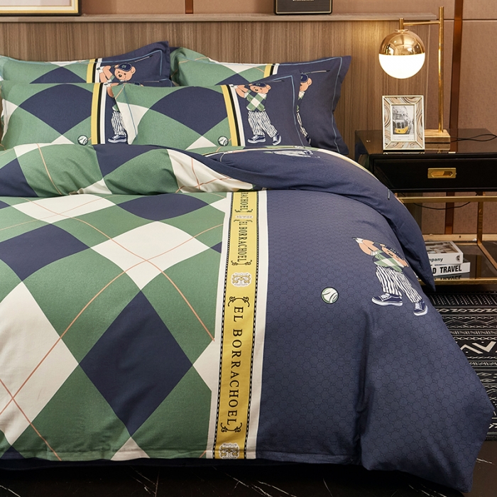 91家纺网 家纺一手货源 找家纺 雲归梦2021全棉大版生态磨毛四件套格条花型第1批 活力熊