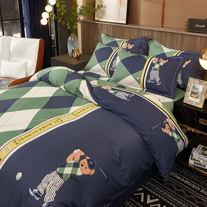 91家纺网 家纺一手货源 找家纺 雲归梦2021全棉大版生态磨毛四件套格条花型第1批 活力熊