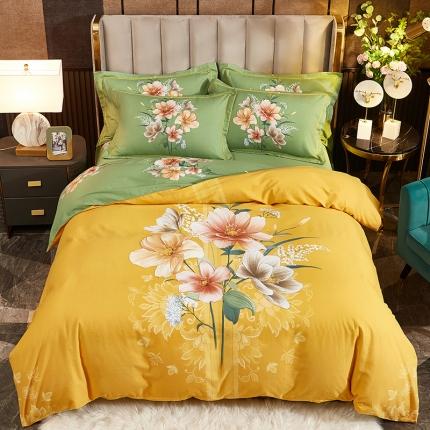 91家纺网 家纺一手货源 找家纺 雲归梦2021全棉大版生态磨毛四件套花卉花型第1批碧玉成妆黄