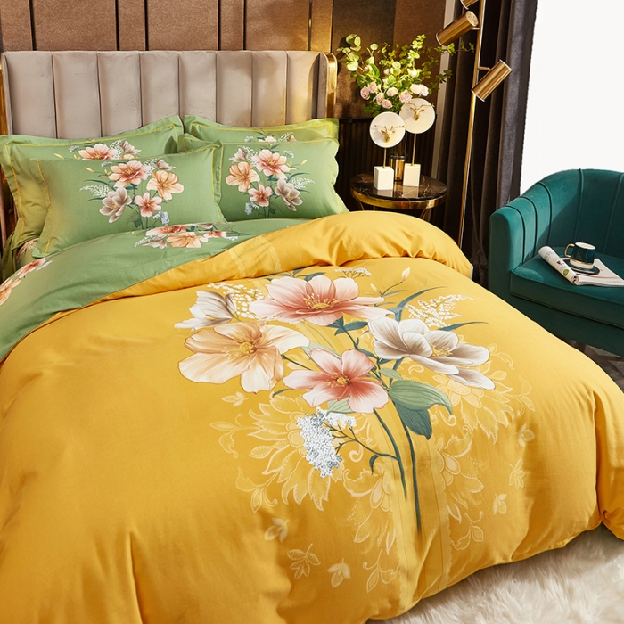 91家纺网 家纺一手货源 找家纺 雲归梦2021全棉大版生态磨毛四件套花卉花型第1批碧玉成妆黄