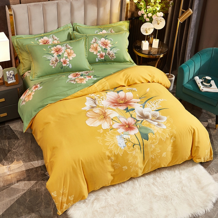 91家纺网 家纺一手货源 找家纺 雲归梦2021全棉大版生态磨毛四件套花卉花型第1批碧玉成妆黄