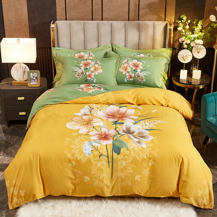91家纺网 家纺一手货源 找家纺 雲归梦2021全棉大版生态磨毛四件套花卉花型第1批碧玉成妆黄