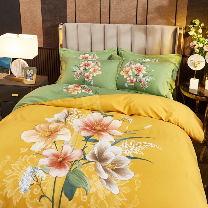 91家纺网 家纺一手货源 找家纺 雲归梦2021全棉大版生态磨毛四件套花卉花型第1批碧玉成妆黄