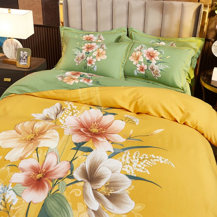 91家纺网 家纺一手货源 找家纺 雲归梦2021全棉大版生态磨毛四件套花卉花型第1批碧玉成妆黄