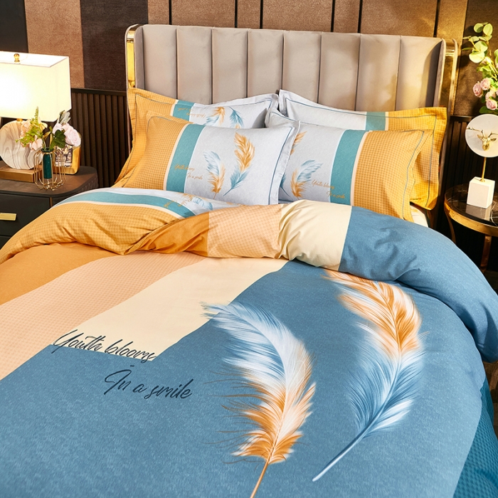 91家纺网 家纺一手货源 找家纺 雲归梦2021全棉大版生态磨毛四件套花卉花型第1批 彩羽