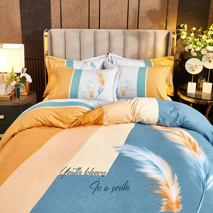 91家纺网 家纺一手货源 找家纺 雲归梦2021全棉大版生态磨毛四件套花卉花型第1批 彩羽