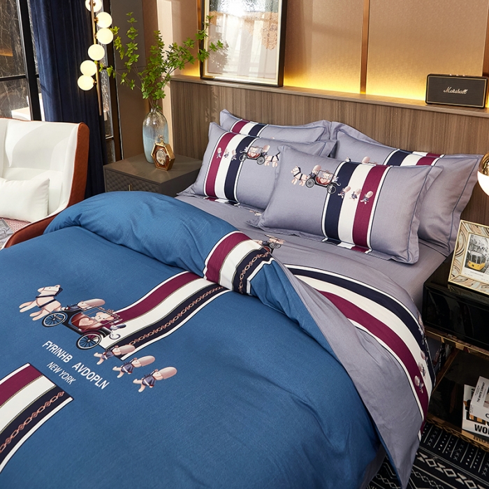 91家纺网 家纺一手货源 找家纺 雲归梦2021全棉大版生态磨毛四件套格条花型第1批魔力时代蓝