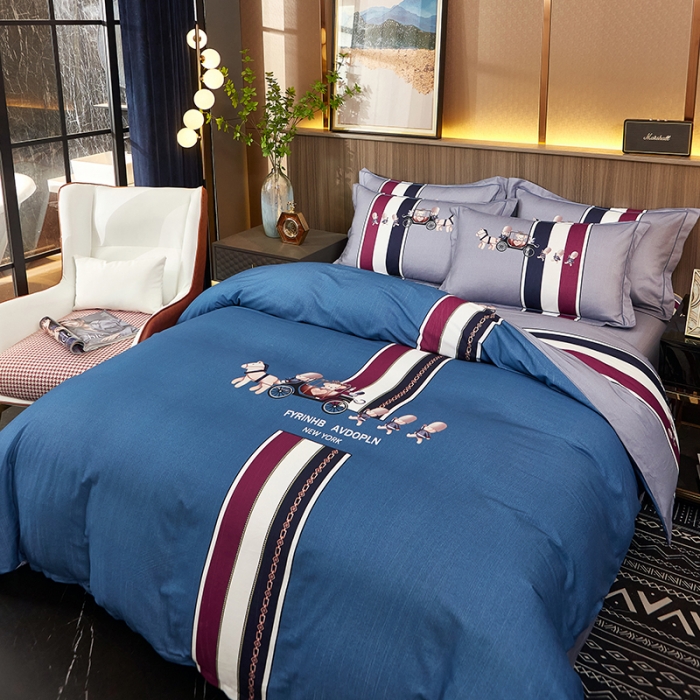 91家纺网 家纺一手货源 找家纺 雲归梦2021全棉大版生态磨毛四件套格条花型第1批魔力时代蓝