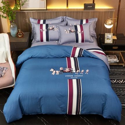 雲归梦2021全棉大版生态磨毛四件套格条花型第1批魔力时代蓝