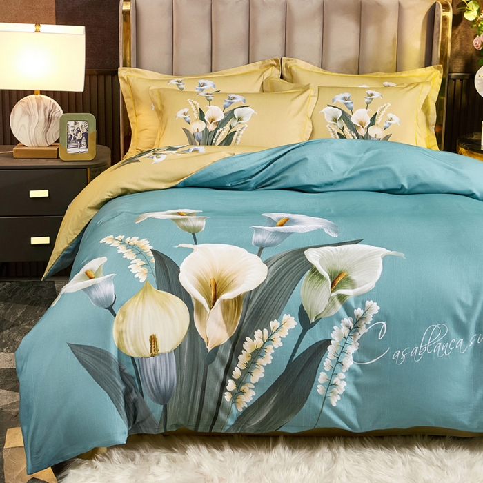 91家纺网 家纺一手货源 找家纺 雲归梦2021全棉大版生态磨毛四件套花卉花型第1批叠翠流金兰