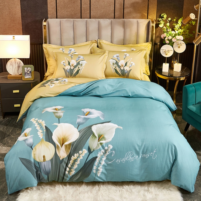 91家纺网 家纺一手货源 找家纺 雲归梦2021全棉大版生态磨毛四件套花卉花型第1批叠翠流金兰