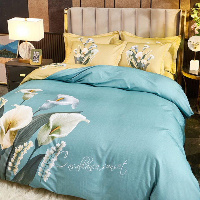 91家纺网 家纺一手货源 找家纺 雲归梦2021全棉大版生态磨毛四件套花卉花型第1批叠翠流金兰