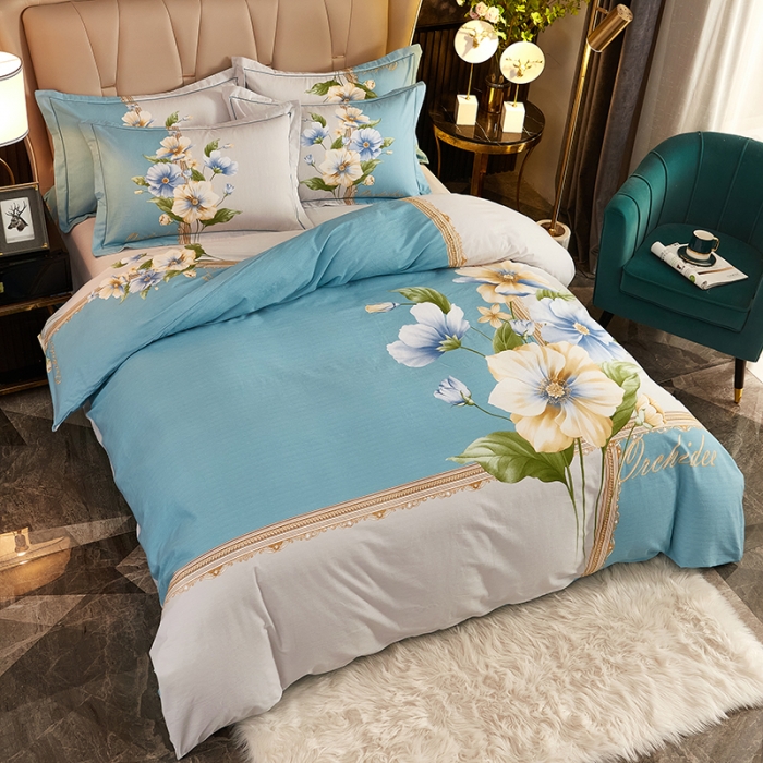 91家纺网 家纺一手货源 找家纺 雲归梦2021全棉大版生态磨毛四件套花卉花型第1批 古奈绿