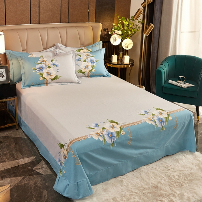 91家纺网 家纺一手货源 找家纺 雲归梦2021全棉大版生态磨毛四件套花卉花型第1批 古奈绿