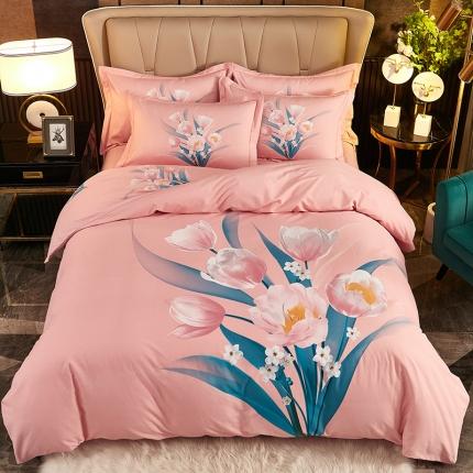 91家纺网 家纺一手货源 找家纺 雲归梦2021全棉大版生态磨毛四件套花卉花型第1批 花满枝粉