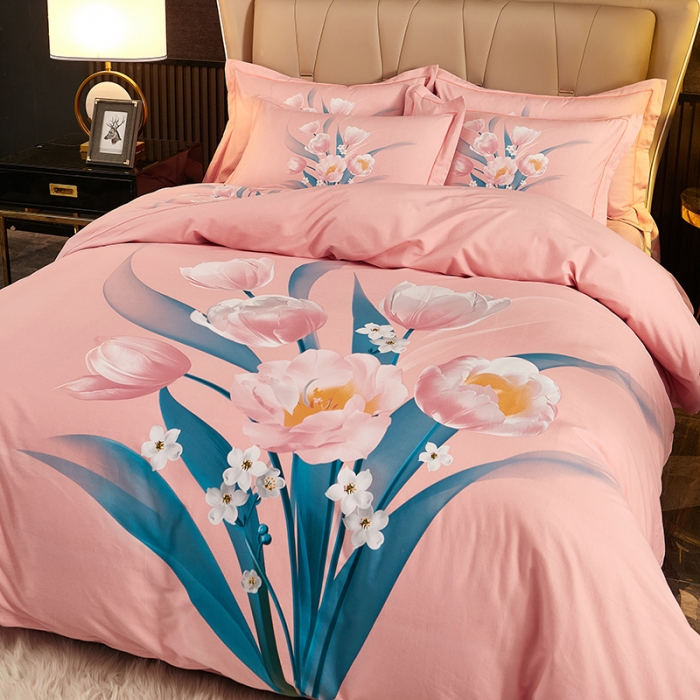 91家纺网 家纺一手货源 找家纺 雲归梦2021全棉大版生态磨毛四件套花卉花型第1批 花满枝粉