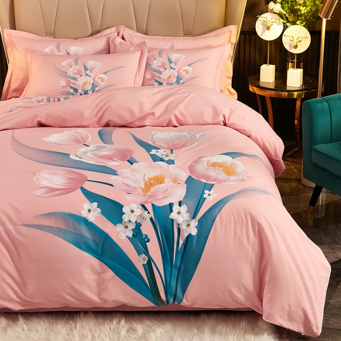 91家纺网 家纺一手货源 找家纺 雲归梦2021全棉大版生态磨毛四件套花卉花型第1批 花满枝粉