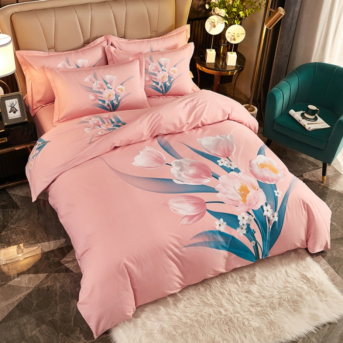 91家纺网 家纺一手货源 找家纺 雲归梦2021全棉大版生态磨毛四件套花卉花型第1批 花满枝粉