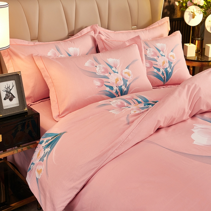 91家纺网 家纺一手货源 找家纺 雲归梦2021全棉大版生态磨毛四件套花卉花型第1批 花满枝粉