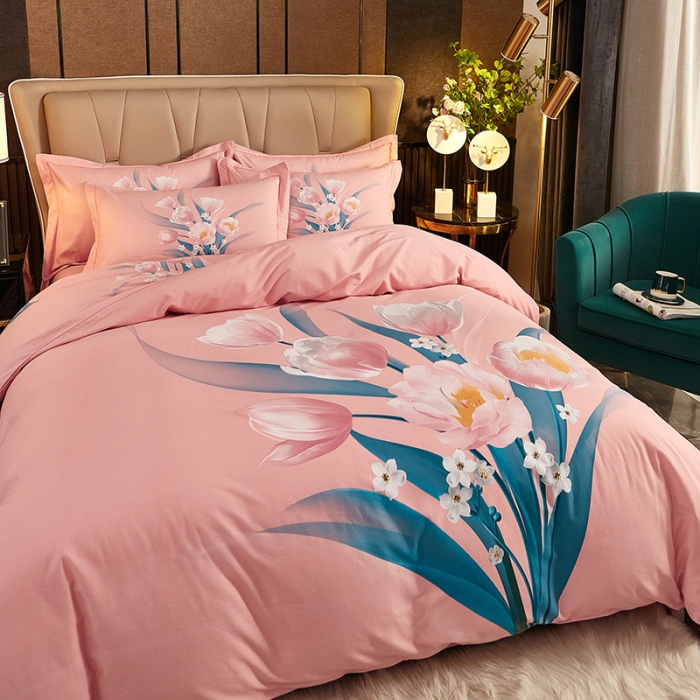 91家纺网 家纺一手货源 找家纺 雲归梦2021全棉大版生态磨毛四件套花卉花型第1批 花满枝粉