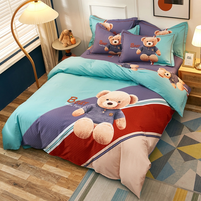 91家纺网 家纺一手货源 找家纺 雲归梦2021全棉大版生态磨毛四件套卡通花型第1批 宝贝熊绿