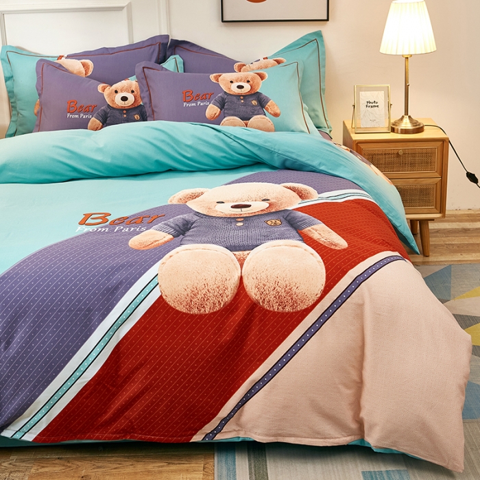 91家纺网 家纺一手货源 找家纺 雲归梦2021全棉大版生态磨毛四件套卡通花型第1批 宝贝熊绿