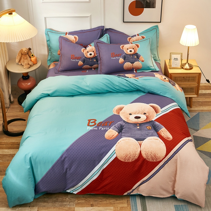 91家纺网 家纺一手货源 找家纺 雲归梦2021全棉大版生态磨毛四件套卡通花型第1批 宝贝熊绿