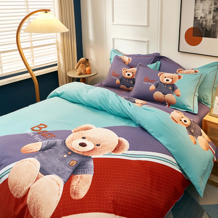 91家纺网 家纺一手货源 找家纺 雲归梦2021全棉大版生态磨毛四件套卡通花型第1批 宝贝熊绿