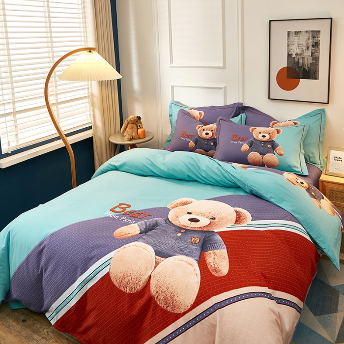 91家纺网 家纺一手货源 找家纺 雲归梦2021全棉大版生态磨毛四件套卡通花型第1批 宝贝熊绿