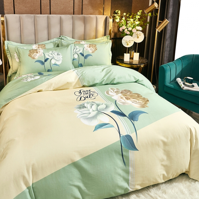 91家纺网 家纺一手货源 找家纺 雲归梦2021全棉大版生态磨毛四件套花卉花型第1批花梦絮语绿