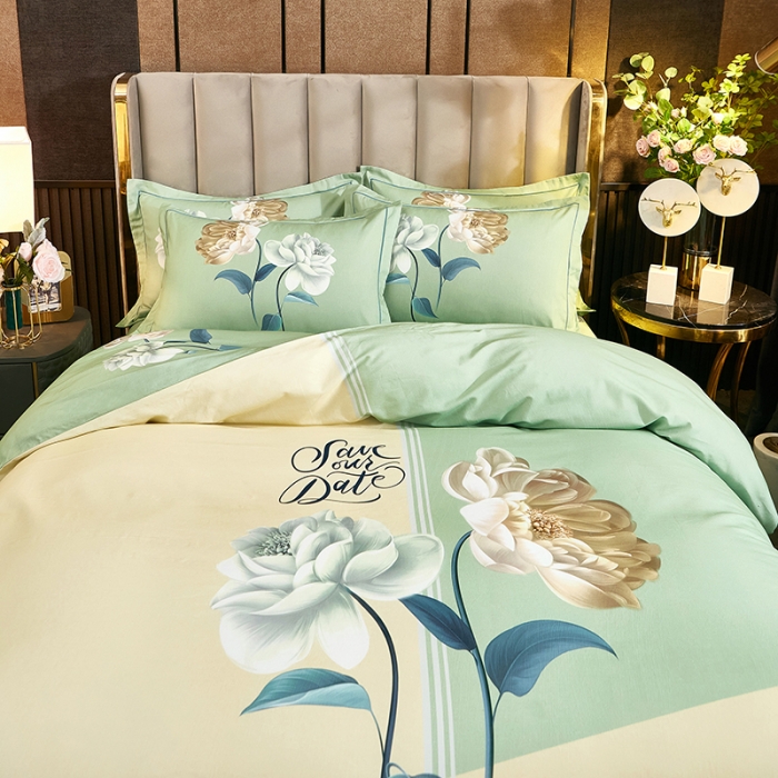 91家纺网 家纺一手货源 找家纺 雲归梦2021全棉大版生态磨毛四件套花卉花型第1批花梦絮语绿