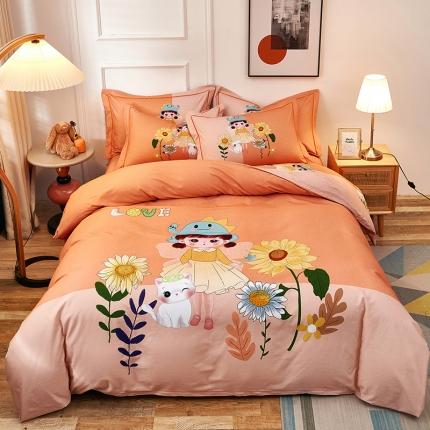 91家纺网 家纺一手货源 找家纺 雲归梦2021全棉大版生态磨毛四件套卡通花型第1批花季女孩桔