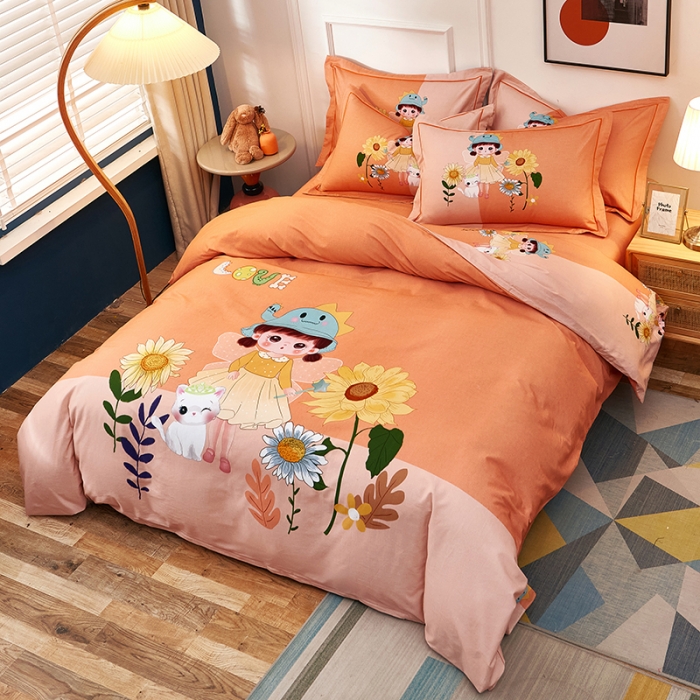 91家纺网 家纺一手货源 找家纺 雲归梦2021全棉大版生态磨毛四件套卡通花型第1批花季女孩桔