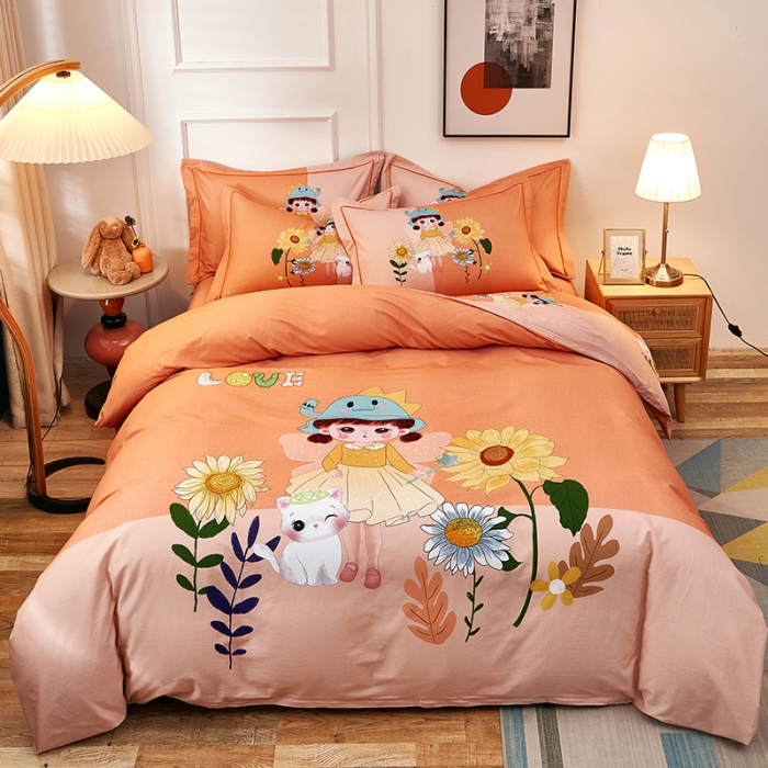 91家纺网 家纺一手货源 找家纺 雲归梦2021全棉大版生态磨毛四件套卡通花型第1批花季女孩桔