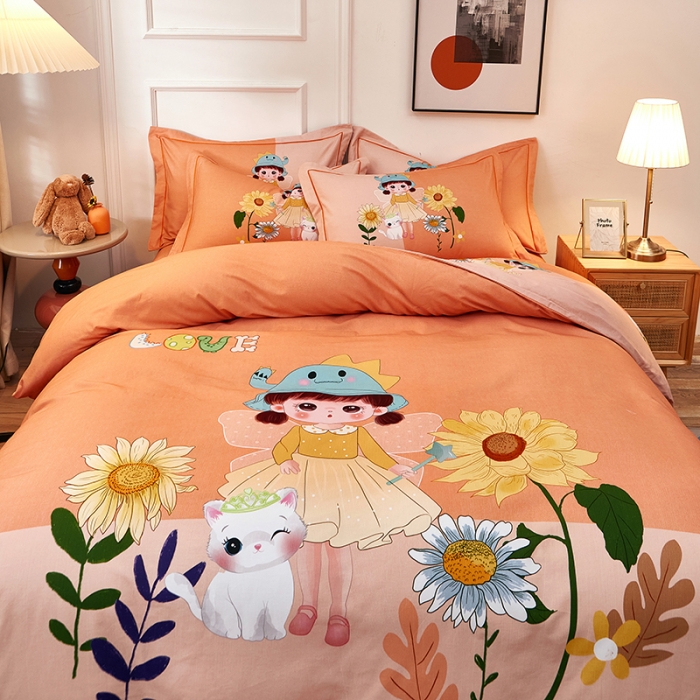 91家纺网 家纺一手货源 找家纺 雲归梦2021全棉大版生态磨毛四件套卡通花型第1批花季女孩桔