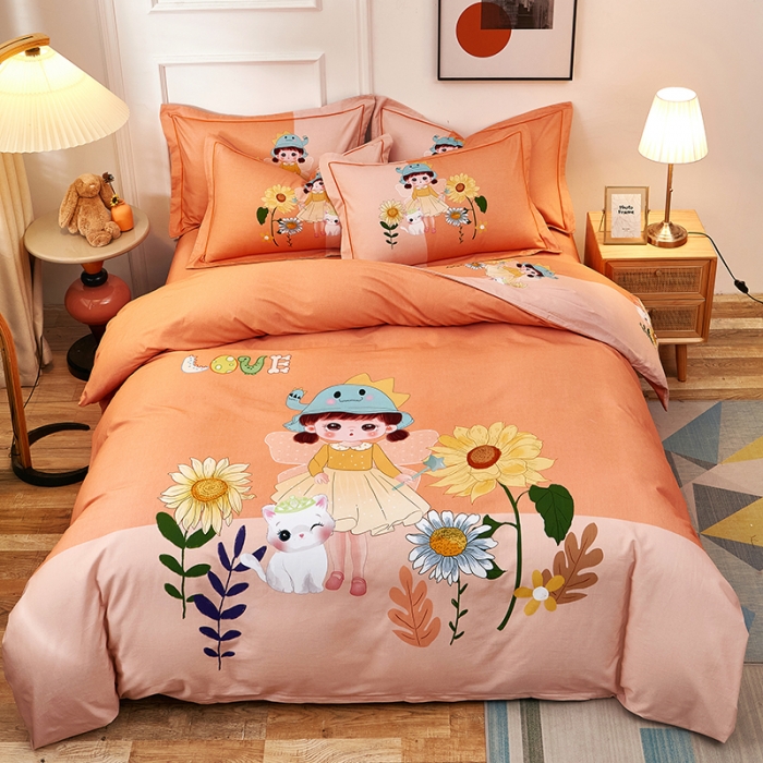 91家纺网 家纺一手货源 找家纺 雲归梦2021全棉大版生态磨毛四件套卡通花型第1批花季女孩桔