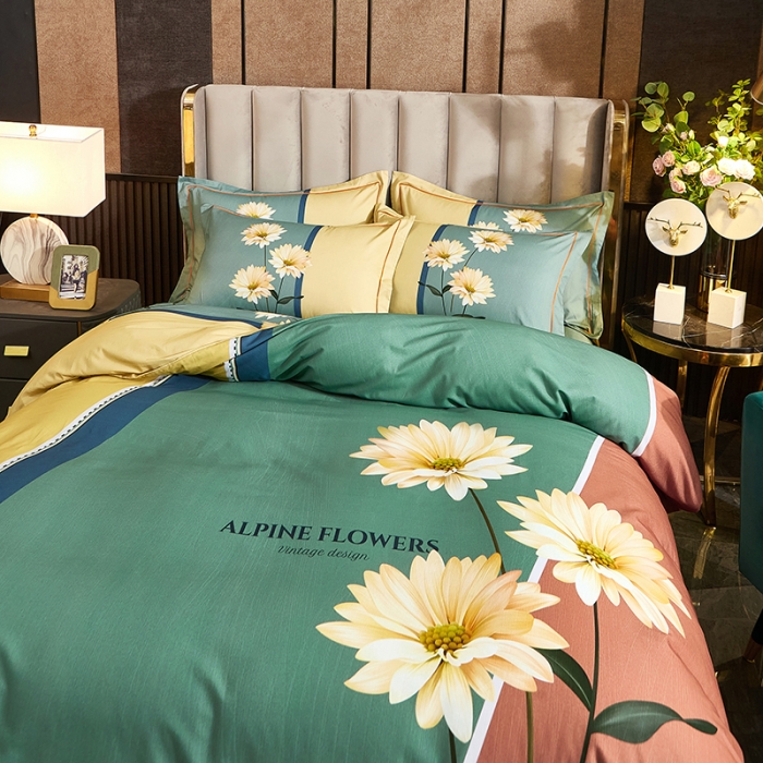 91家纺网 家纺一手货源 找家纺 雲归梦2021全棉大版生态磨毛四件套花卉花型第1批激情岁月绿